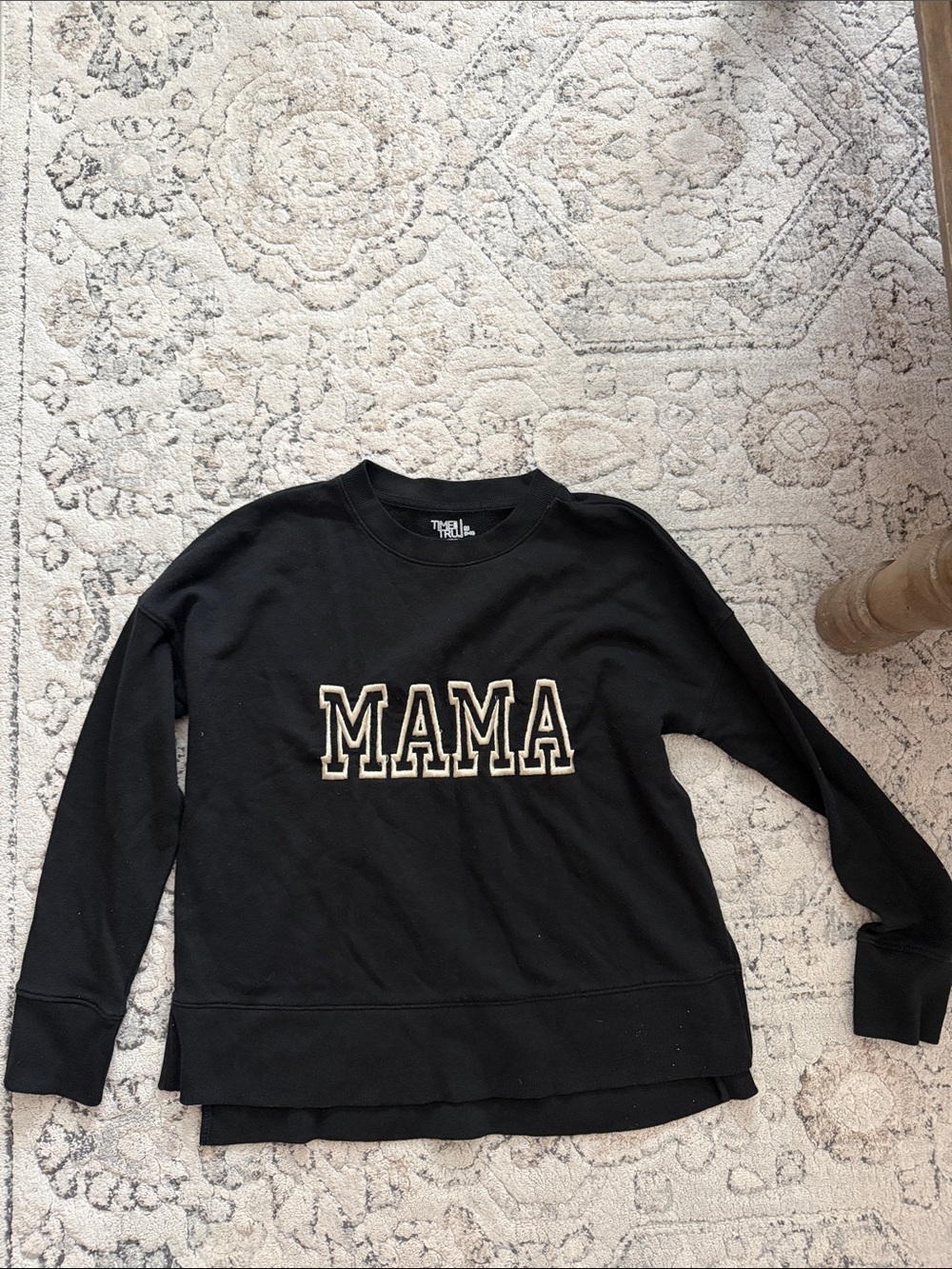 Time and Tru Black Crewneck Sweatshirt with taupe embroidered ‘MAMA' Letters